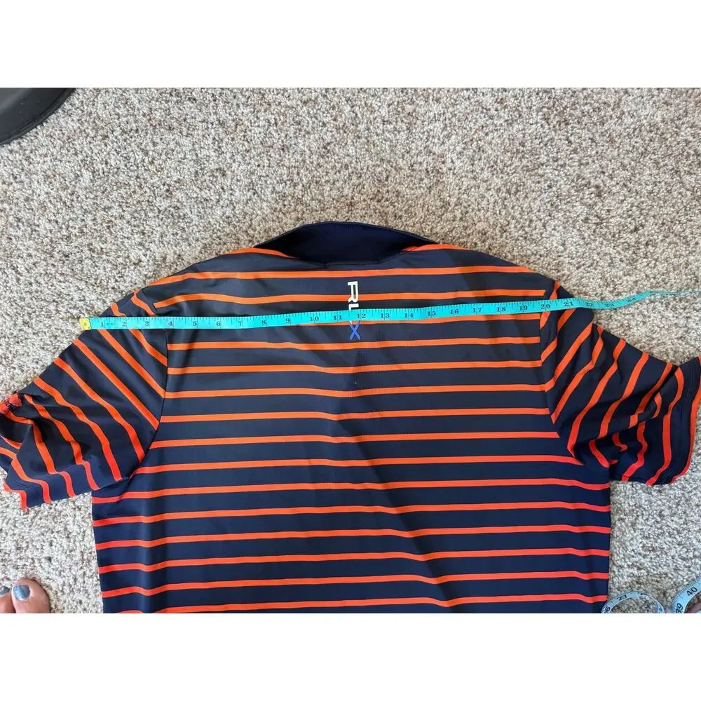 RLX Ralph Lauren Polo Shirt Mens L Navy Blue Orange Striped Short Sleeve Golf